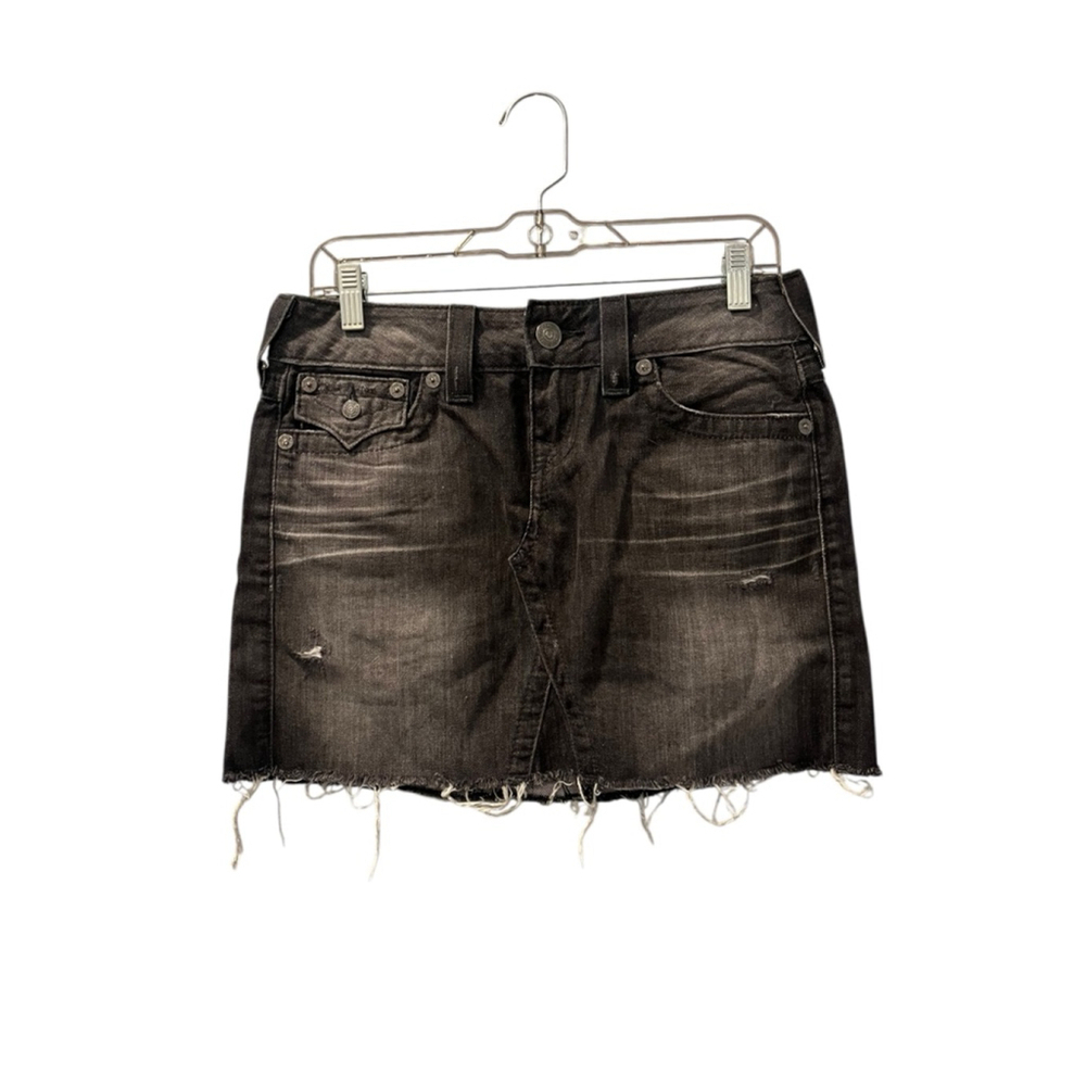 True Religion Black Raw Hem Denim Jean Skirt Size 28 WQ65J61EL Made In USA Mini